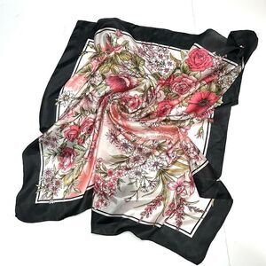 Floral Square Scarf Silky Chiffon Pink Ivory Black Trim Hand Rolled
